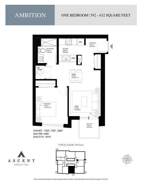 Floor plan for 1 bed, 1 bath, 632 sqft